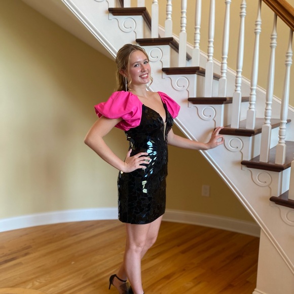Sherri Hill Black and Pink Mini Dress - Picture 8 of 8
